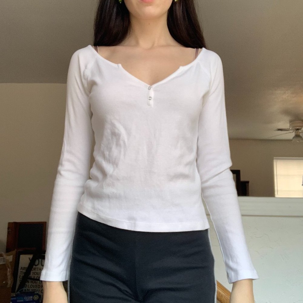 Basic White Deep Neck Top with Buttons
